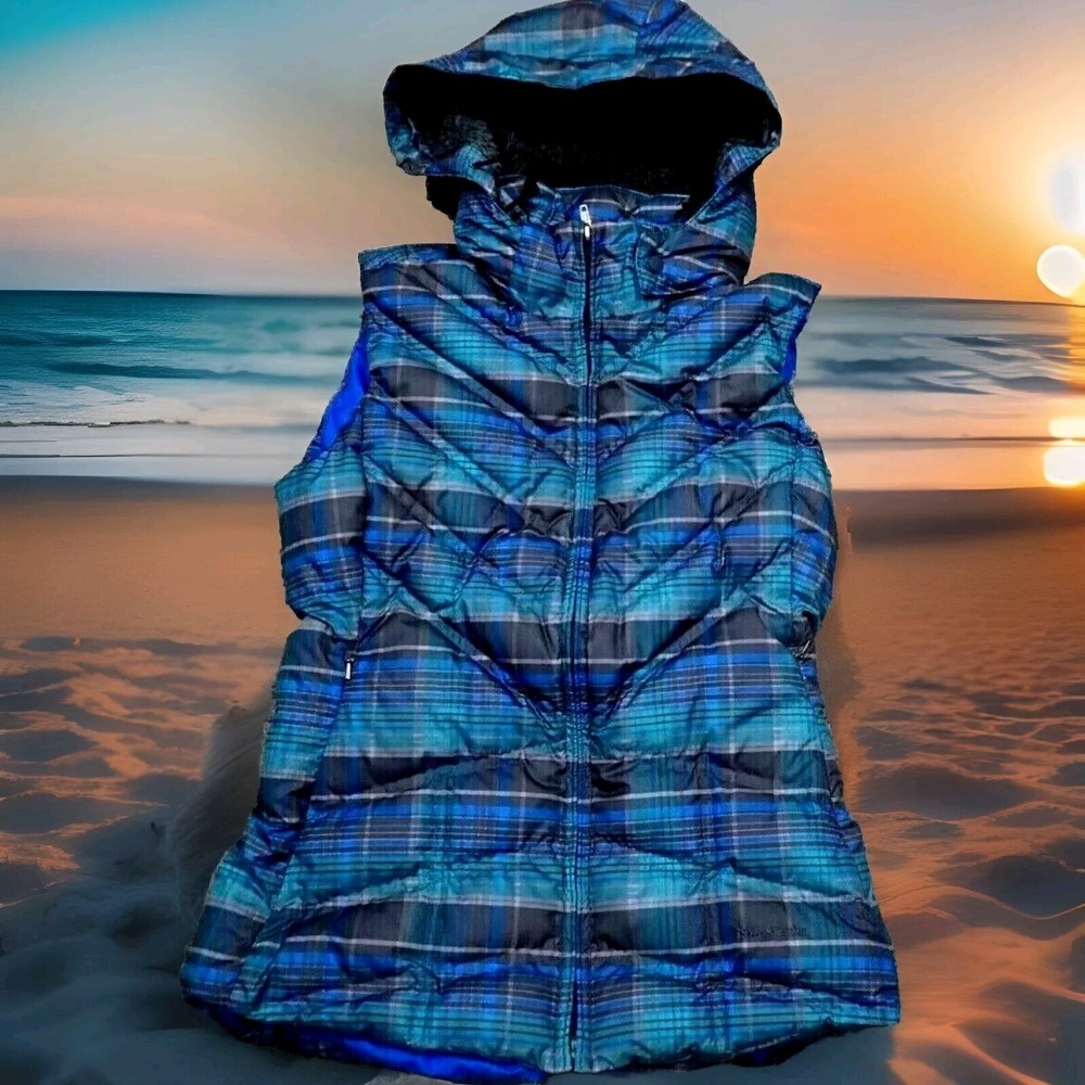 Patagonia Puffer Vest Womens XS Blue Plaid Excellent Goose Down Hooded